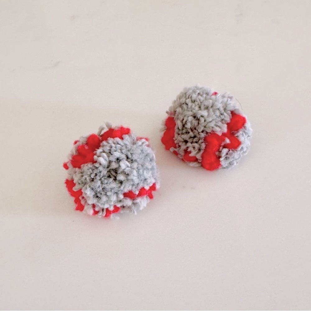Cozy Handmade Gray & Red Pom Pom Boho Chunky Knit Yarn Earrings, Stud Post Back